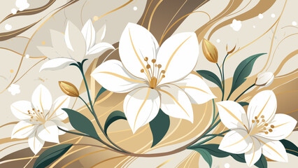 Vector art of white flowers and green leaves on a light brown background