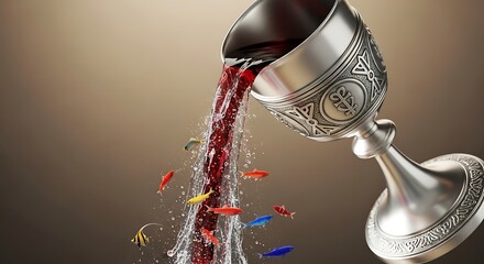 A silver chalice pours crimson liquid, carrying vibrant fish into an unseen destination.