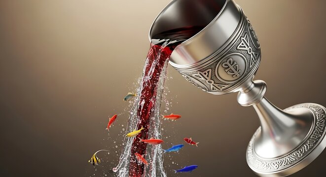 A silver chalice pours crimson liquid, carrying vibrant fish into an unseen destination. - Powered by Adobe