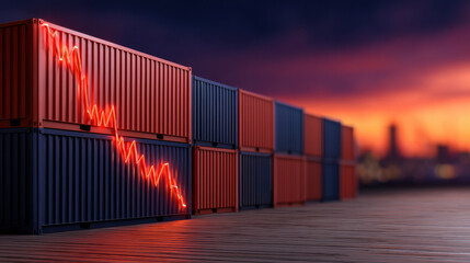 Shipping containers lined up with a red downward stock market graph overlay, symbolizing economic decline or trade issues.
