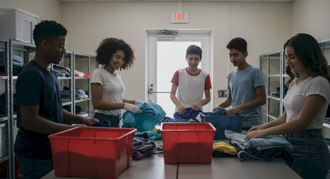 Group of young people volunteering and sorting clothes in community center  