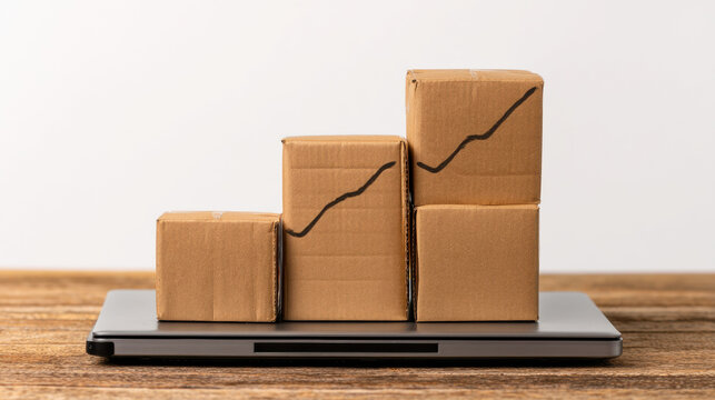 Three cardboard boxes of increasing height with upward trend lines are stacked on a tablet, symbolizing growth, progress, and business analytics.