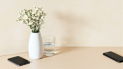 Fototapeta premium Minimalist desk setup featuring a white vase with small white flowers, a glass of water, and two smartphones on a light-colored wooden surface against a plain beige wall