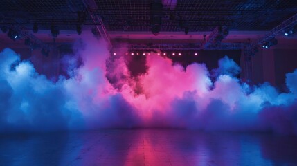 Ethereal pink and blue smoke billows under radiant stage illumination setting a dramatic scene that invites viewers into the heart of a performance. This striking color palette captures