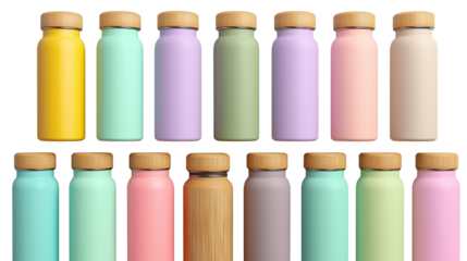 Top view of pastel-colored reusable water bottles with bamboo lids, eco-friendly hydration concept, isolated on white background, high-resolution PNG