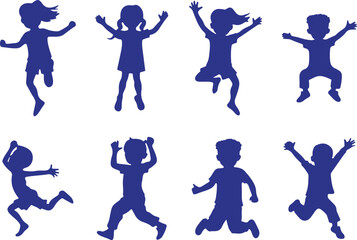 Happy Kids Silhouettes – Blue Jumping Children Group Vector Set
