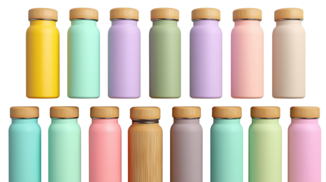 Top view of pastel-colored reusable water bottles with bamboo lids, eco-friendly hydration concept, isolated on white background, high-resolution PNG