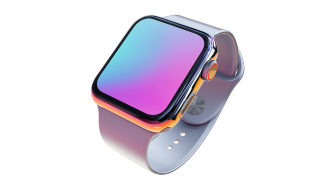 Modern smartwatch with colorful screen, wearable tech flat lay, isolated PNG on white