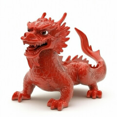 Naklejka premium Red lacquered dragon figurine, crouching pose, detailed scales