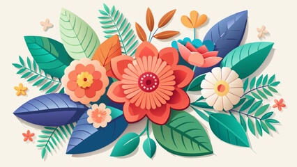 Vector art of an artistic composition of layered paper flowers and foliage isolated on white background