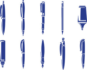 Fountain Pen Icon Set – Blue Office Stationery Vector Pack,pen, fountain, icon, blue, office, stationery, write, elegant, tool, vector