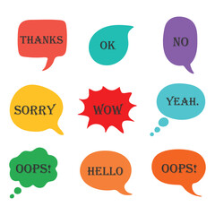 A collection of colorful speech bubbles with various expressions