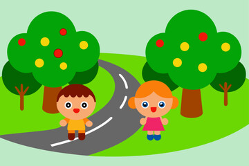 Fototapeta premium Gravel Road Through A Green City Park With Kids Playing