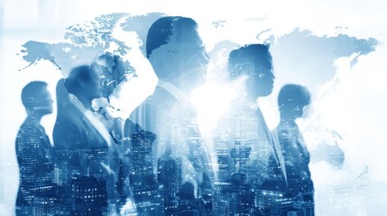 Obraz premium Silhouettes of business leaders framed by a hightech map illustrating the dynamic landscape of global commerce showcasing the importance of strategic partnerships and crossborder synergy
