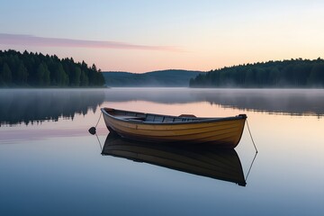 &ldquo;Minimalist photorealistic sunrise lake scene with a wooden boat reflected in misty still water and forested horizon&rdquo;