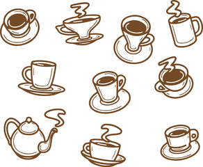 Coffee Cup Sketch Collection – Hand Drawn Brown Line Vector ,coffee, cup, sketch, brown, hand-drawn, hot drink, line art, café, espresso, vector