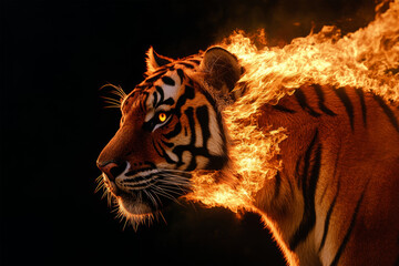 tiger burning on black background