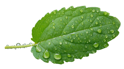 High-resolution image of a single mint leaf with water droplets, macro lens, on transparent background, PNG format