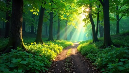 Fototapeta premium Sun-Dappled Path Winding Through a Lush Green Forest An Enchanting Journey to the Unknown