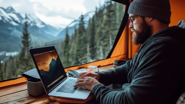 Working Remote with a Mountain View: A man immersed in work at a laptop in front of a stunning mountainous vista, merging modern technology with the raw beauty of nature