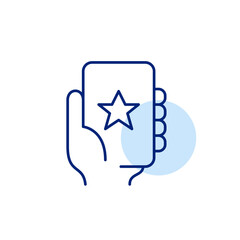 Hand holding smartphone and star. Favorite apps, top rated mobile service. Pixel perfect, editable stroke vector icon