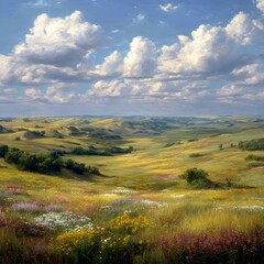 Obraz premium prairie landscape is characterized by its rolling hills vibrant wildflowers and diverse array of species living together in a harmonious mosaic 
