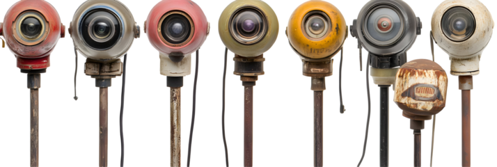 Surveillance State: A Lineup of Retro Security Cameras on Black Backdrop