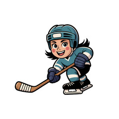 Young girl skating and playing hockey with a puck on the ice in a joyful setting
