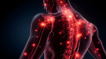 Human body with glowing red pain points on neural pathways illustrating pain or nerve stimulation