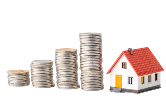 Increasing stacks of money coins lead to owning a house, showing finance growth and investment success on black, transparent background. Ai Generated Images