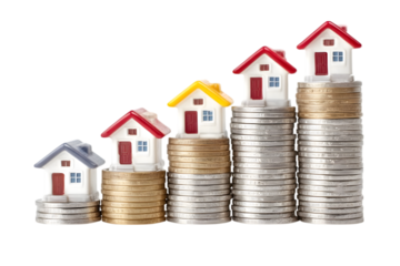 Increasing real estate value shown by toy houses placed atop growing stacks of coins illustrating property investments, transparent background. Ai Generated Images