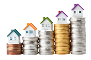 Toy houses atop ascending coin stacks symbolize real estate investment growth, rising property values, and financial prosperity on a transparent background . Ai Generated Images