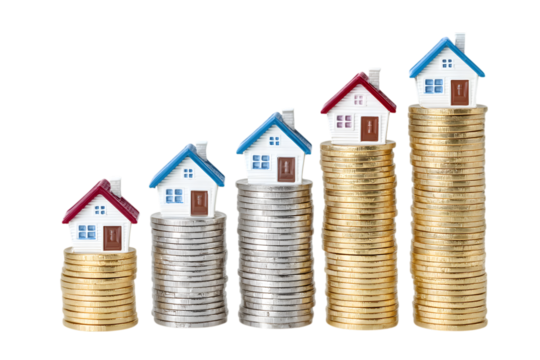 Miniature houses sit atop increasing stacks of coins, symbolizing rising property values and investment growth in real estate, transparent background. Ai Generated Images
