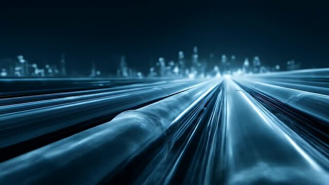 Abstract, futuristic, blue image of parallel metal tubes, converging to a blurry cityscape