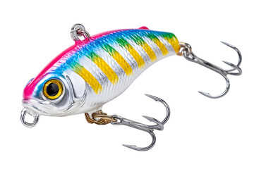 Detailed close up of a colorful fishing lure with treble hooks, perfect for angling and recreational fishing on a transparent background . Ai Generated Images