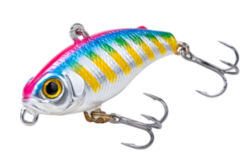 Detailed close up of a colorful fishing lure with treble hooks, perfect for angling and recreational fishing on a transparent background . Ai Generated Images