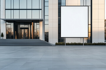 modern building's entrance features a large blank billboard, providing excellent advertising space. The clean lines and contemporary design create a striking visual.