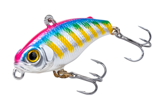 Detailed close up of a colorful fishing lure with treble hooks, perfect for angling and recreational fishing on a transparent background . Ai Generated Images