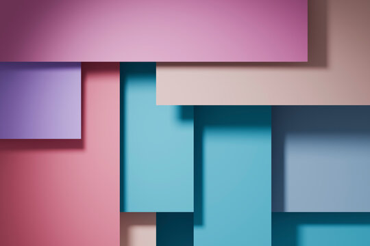 Abstract 3D rendering of colorful overlapping geometric layers with shadows