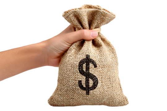 A hand holds a burlap sack adorned with a dollar sign against a stark transparent background, symbolizing finance, wealth, or investment . Ai Generated Images