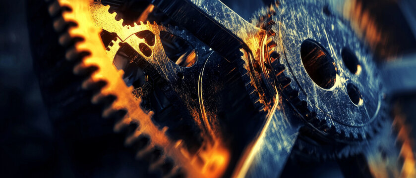 Intricate clockwork gears, glowing amber, metallic texture