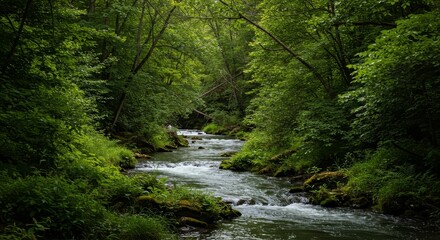 Obraz premium Serene Creek Flowing Through Lush Green Forest