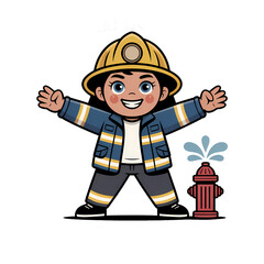 Young firefighter character running in a playful pose, showcasing enthusiasm and bravery in a bright outfit