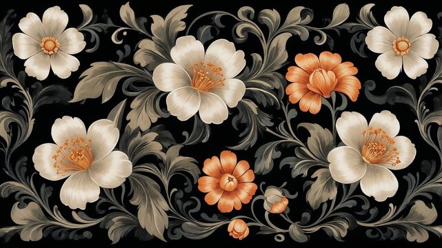 Traditional Zhostovo painting style on black background, graceful floral ornament in bright vector design for elegant presentation 