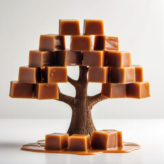 Many caramel cubes on white. Tree-like arrangement. Sweet treats, dessert.