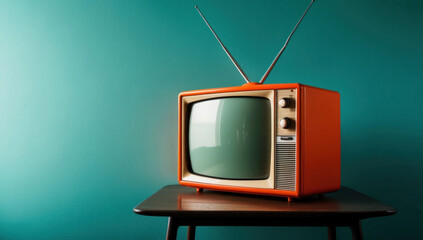 Retro orange TV. Vintage receiver on side table. Nostalgic, old-fashioned design.