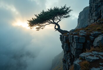 A gnarled, wind-beaten tree growing from the edge of a rugged cliff face during foggy twilight