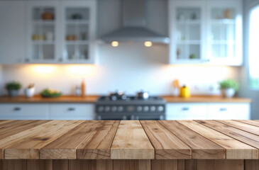 Blurry kitchen with wood top. Clean white bokeh. Interior design element.
