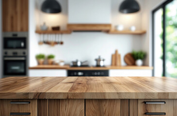 Blurry kitchen with wood top. Clean white bokeh. Interior design element.