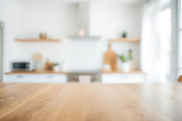 Blurry kitchen with wood top. Clean white bokeh. Interior design element.